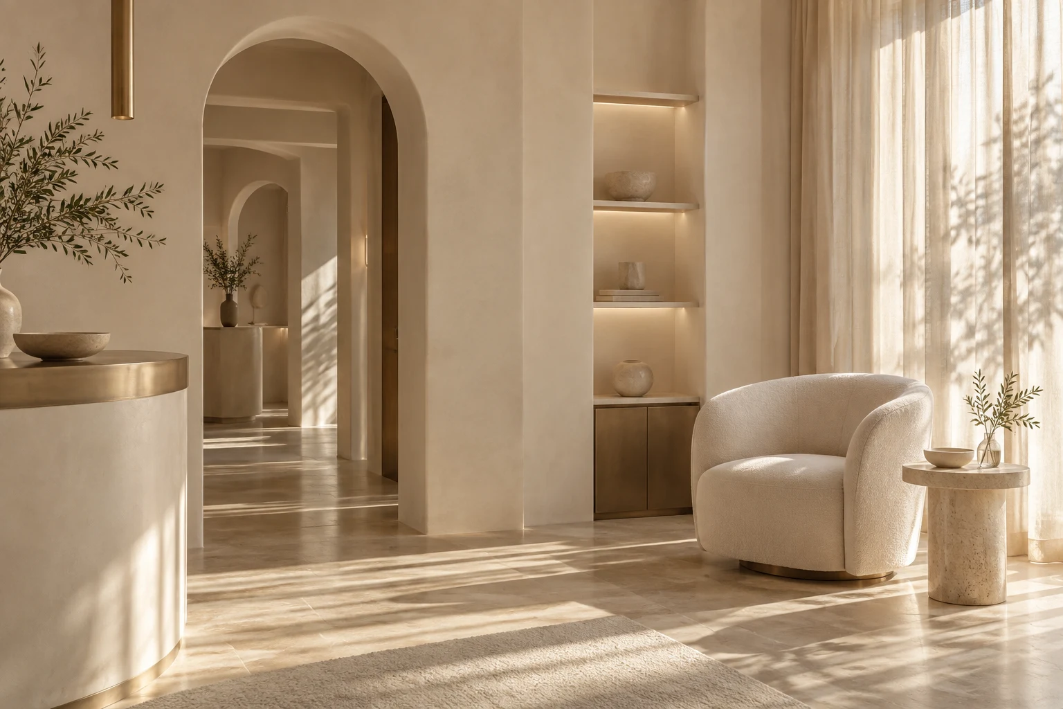 Architectural concept for a warm ivory aesthetics studio; not a photograph of the practice